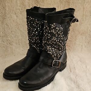 Frye Veronica Deco Mid Calf Leather Black Studded Moto Boots
